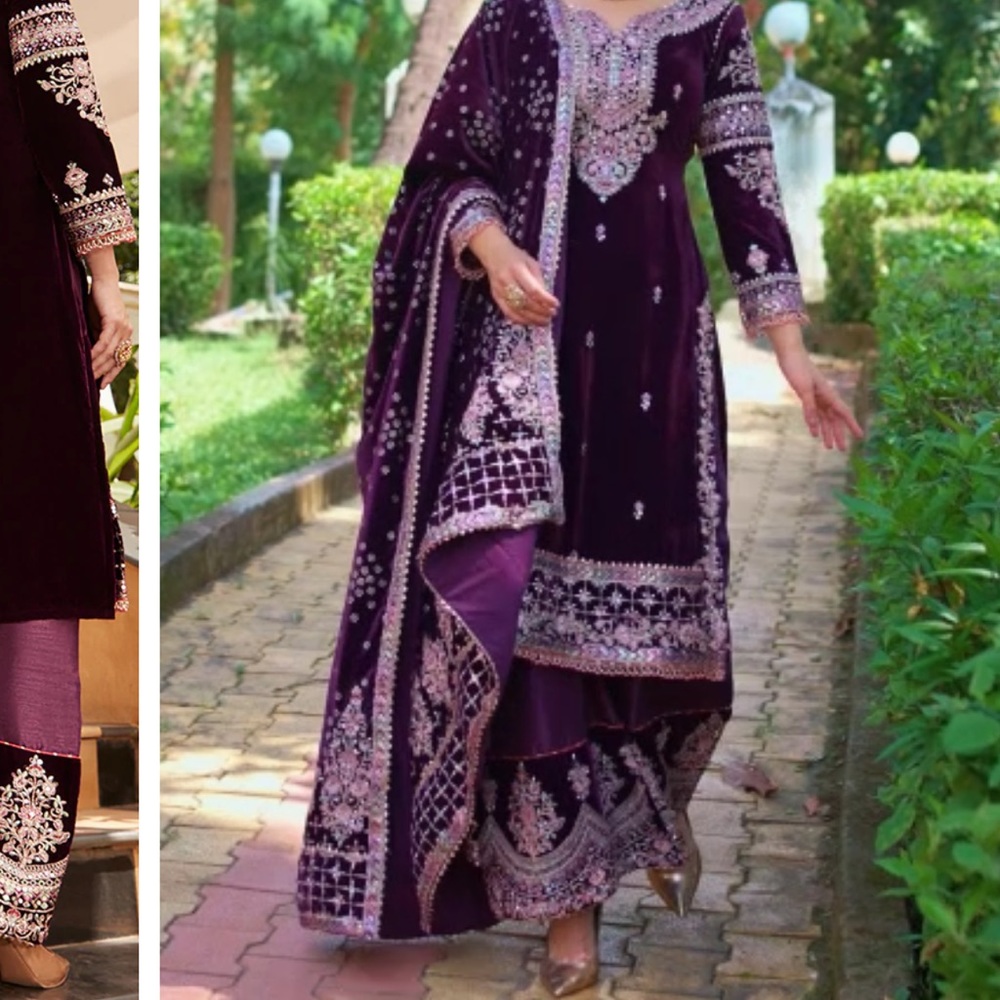 Indian / Pakistani Deep Purple Heavy Embroidered Velvet Palazzo Suit - Picture 9 of 9